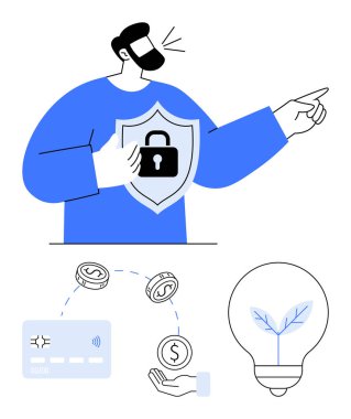 Profesyonel güvenlik kalkanı, jest, işaret. Dijital işlem, el, bozuk paralar, kredi kartı, çevre dostu ampul. Siber güvenlik dijital ödemeleri için ideal mali yönetim