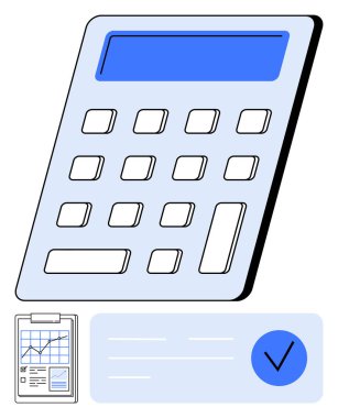 Büyük ekran ile hesap makinesi, grafik ve belge ile pano, kare ile mavi kontrol işareti. Finans, muhasebe, ekonomi, denetleme, iş analizi bütçe planlaması için idealdir. Satır metaforu