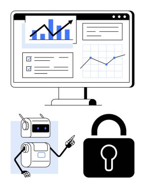 Robotların verileri gösterdiği bilgisayar ekranı ve asma kilit. Veri analizi, teknoloji, siber güvenlik, otomasyon, dijital güvenlik, yapay zeka, iş büyümesi için ideal. Satır metaforu