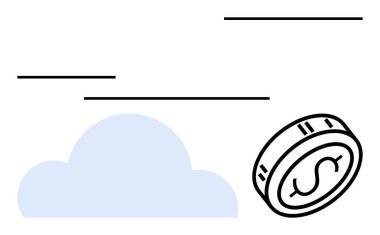 Hız çizgileri olan tek bir bulutun yanında yüzen dolar sembollü sikke hareket ve ilerleme olduğunu gösteriyor. Finans, yatırım, ekonomik eğilimler, başlangıç büyümesi, dijital para birimi, bulut