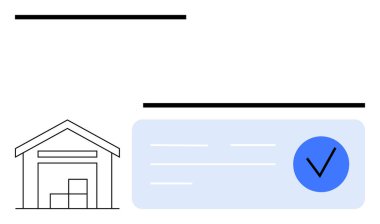 Kutuları istiflenmiş bir depo, yanında büyük mavi bir işaret ve sipariş onayını temsil eden iki satır var. Lojistik, nakliye, teslimat, tedarik zinciri ve envanter için ideal
