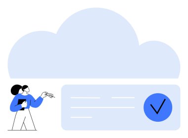 İş kadını büyük bir bulut altında işaretli bir sembolle veri sunuyor. Bulut hesaplama, veri entegrasyonu, çevrimiçi depolama, sunumlar, bilişim çözümleri, dijital dönüşüm, güvenli