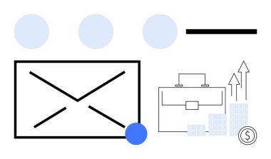 Bir iş çantasının yanında büyük bir zarf ve içinde madeni para simgesi olan yükselen bar çizelgeleri. Ticari büyüme, finans, pazarlama, e-posta kampanyaları, yatırım stratejileri, finansal güncellemeler için ideal
