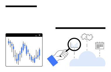 Chart with data trends, magnifying glass focusing on a graph, cloud with puzzle pieces and calendar. Ideal for business analysis, data integration, cloud storage, strategic planning, technology clipart