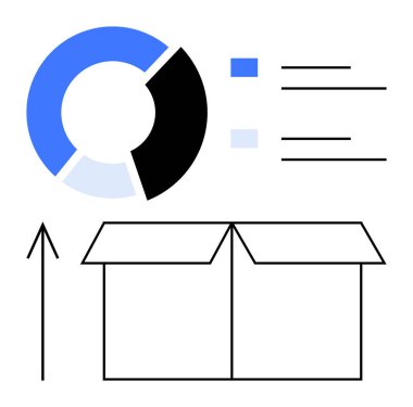 Veri pasta grafiği, çubuk göstergeleri, yukarı bakan ok ve açık kutu vurgulama nakliyat ve lojistik temalar. Ticari büyüme, envanter yönetimi, veri analizi, tedarik zinciri optimizasyonu için ideal