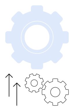 Farklı boyutlarda birbirine kenetlenmiş üç vites, yukarı doğru iki siyah ok. Büyüme, ilerleme, takım çalışması, mühendislik, strateji, verimlilik ve mekanik konularındaki kavramlar için idealdir. Satır metaforu