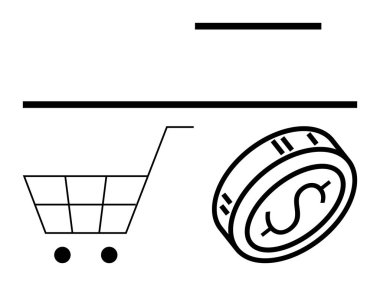 Alışveriş arabası ve dolar parası e-ticareti, mali işlemleri, alışverişi, bütçe planlamasını ve pazarlamayı vurguluyor. Çevrimiçi alışveriş, bütçe, finans, perakende pazarlama ekonomisi için ideal