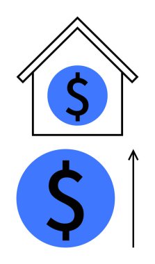 House with a dollar symbol and upward arrow shows property value increase. Ideal for finance, investment, real estate, economics, housing market, business growth, wealth. Line metaphor clipart