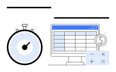 Stopwatch computer monitor displaying a spreadsheet currency symbol and calculator. Ideal for finance, time management, productivity, business planning, budgeting, analysis, accounting. Line clipart