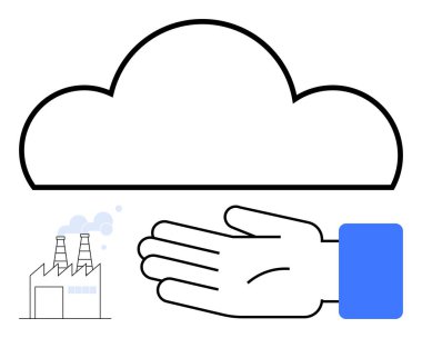 Factory emitting smoke, hand offering support beneath large cloud. Ideal for technology, environment, sustainability, industrial impact, cloud computing, eco-friendly practices, corporate clipart