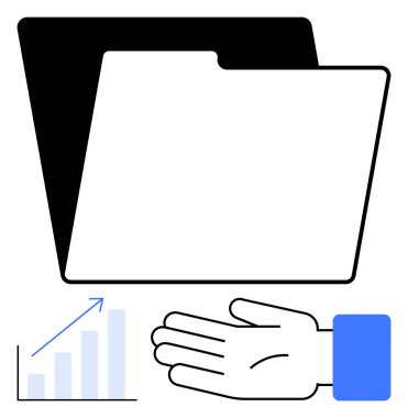 Üst üste binen elementler, uzatılmış bir el ve büyüyen bir grafik çubuğu tablosu olan dizin. İş için ideal, kayıtlar, verimlilik, belgeler, organizasyon büyüme analizleri. Satır metaforu