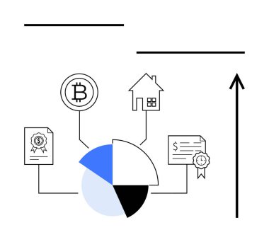 Turta şeması Bitcoin emlak belgelerine bağlanıyor ok finans, yatırım stratejilerini, büyümeyi, çeşitlendirmeyi, kripto para birimini ve gayrimenkulü sembolize ediyor. Ekonomi, iş, strateji için ideal