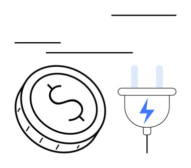 Yıldırımlı bir elektrik prizinin yanında dolar işareti olan bozuk para. Finans, enerji verimliliği, elektrik maliyetleri, enerji tüketimi, yenilenebilir enerji, teknoloji endüstrisi ve sürdürülebilirlik için ideal