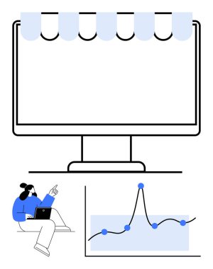Çizgili tenteli bilgisayarı olan ekranı, dijital ticareti, analizleri, stratejileri, iş büyümesini gösteren veri noktalarını görüntüle. E-ticaret, perakende, pazarlama için ideal