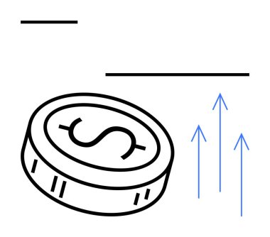 Dolar sembollü ve yukarı doğru oklu sikke mali büyüme ve başarıyı gösteriyor. Finans, yatırım, ekonomik büyüme, iş geliştirme, zenginlik yönetimi, borsa, kâr için ideal