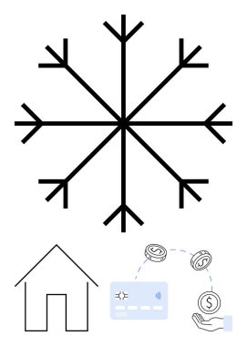 Snowflake at center with house, credit card, coins, and hand with dollar bill. Ideal for financial strategy, budgeting, home investments, winter savings, cash flow economic decisions seasonal clipart