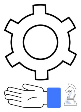 Dişli taslak, mavi bileklikli el ve köşede satranç şövalyesi. Strateji, takım çalışması, mühendislik, yenilik, mekanik verimlilik problem çözme konuları için idealdir. Satır metaforu