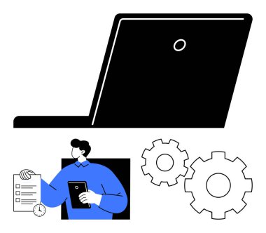 Büyük bir dizüstü bilgisayar, kontrol listesi ve tablet, iki vites. Üretkenlik, proje yönetimi, görev zamanlaması, takım çalışması, iş planlaması, iş akışı optimizasyonu ve zaman yönetimi için ideal