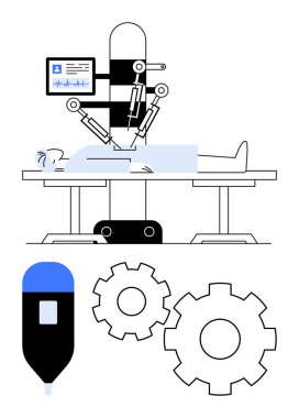Ameliyat masasında yatan bir hastanın hayati organlarını gösteren bir monitörle ameliyat yapan robot kolları. Tıbbi, teknoloji, sağlık, yenilik, cerrahi, robotik ve fütüristik için ideal