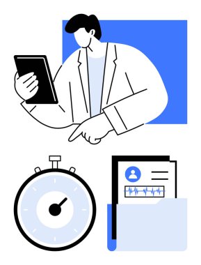 Doktorun elinde kronometre kayıtlarını gösteren tablet var. Teletıp, sağlık teknisyeni, verimlilik, zaman yönetimi, hasta bakımı, dijital sağlık, tıbbi araştırma için ideal. Satır metaforu
