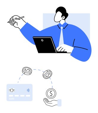 Dijital ödemeleri temsil eden dizüstü bilgisayar, kredi kartı, bozuk para ve el ikonu kullanan bir finans uzmanı. Finans, bankacılık, çevrimiçi alışveriş, e-ticaret, dijital işlemler için ideal