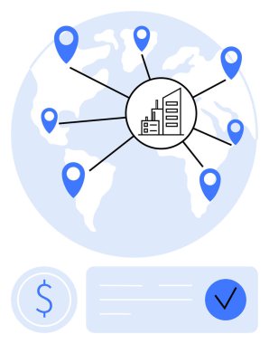 Dünya haritası. Merkezi bir iş merkezi. Birden fazla yere bağlanıyor. Küresel iş, lojistik, tedarik zinciri, uluslararası ticaret, ağ genişlemesi, dış kaynak kullanımı için idealdir. Çizgi