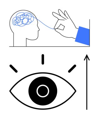 Karmaşık düşünceleri olan insan kafası yukarı doğru ok ile çizgi gözünü ayırıyor. Netlik, farkındalık, anlayış, akıl sağlığı, yaratıcılık, problem çözme, büyüme için idealdir. Satır metaforu