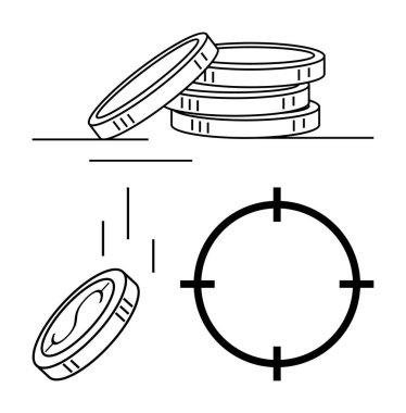 Hedefe nişan alınmış bozuk paraların yanına düzgünce istiflenmiş sikkeler. Finansal planlama, yatırım stratejileri, karar verme süreci, tasarruf hedefleri, iş odakları, hassas pazarlama, rekabet avantajı
