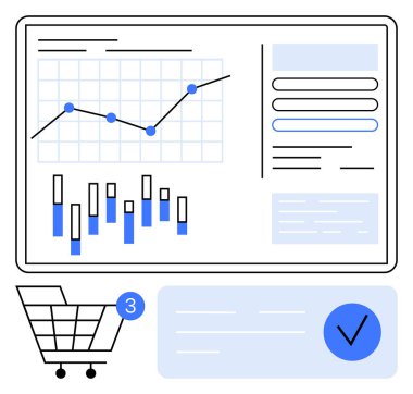 İstatistik çizgisi ve çubuk grafikleri, tebligat ve onay işaretli alışveriş arabasıyla birlikte bir gösterge panelinde. Analiz, iş, alışveriş, veri analizi, e-ticaret, ilerleme için ideal