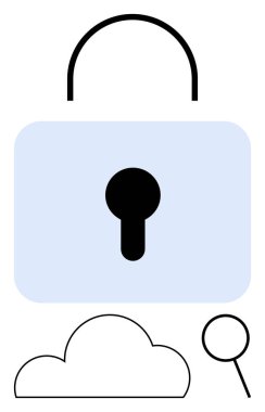 Anahtar deliği, bulut çizgisi ve büyüteçle büyük bir kilit. Siber güvenlik, çevrimiçi gizlilik, veri şifreleme, bulut depolama, internet güvenliği, güvenli erişim teknik desteği için ideal