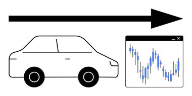 Büyük bir okun altında giden araba grafik penceresinin hemen yanında dalgalanan bir grafiği gösteriyor. Otomotiv endüstrisi, veri analizi, iş büyümesi, teknoloji, gelecek planlama, ilerleme için ideal