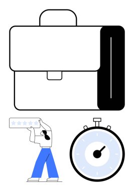 Beş yıldızlı ve kronometresi olan bir iş çantası figürü. İş için ideal, verimlilik, zaman yönetimi, profesyonellik, performans, değerlendirmeler, verimlilik. Satır metaforu