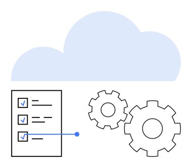 Görev listesinin üstünde kontrol işaretleri ve dişli tekerlekleri olan bir bulut depolama simgesi. Proje yönetimi, bulut hesaplama, çevrimiçi depolama, verimlilik iyileştirmeleri, teknoloji sistemleri, üretkenlik araçları için ideal