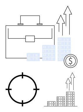 Evrak çantası, istiflenmiş paralar, yukarı doğru oklar, dolar parası, hedef simgesi, büyüyen bar çizelgesi. Mali planlama, iş büyümesi, yatırım stratejileri için ideal ekonomik başarı hedefleri