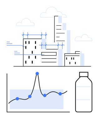 Binaların dalgalanan çizgileri, su şişesi olan şehir manzarası. Sürdürülebilirlik, mimari, kentsel planlama, veri analizi, çevre dostu, yenilik için ideal. Satır metaforu