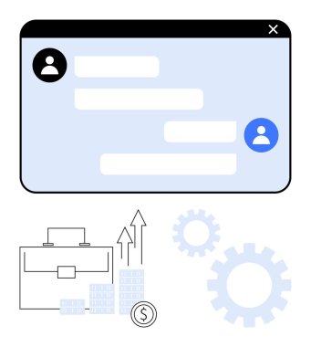 Kullanıcılar arasındaki sohbeti gösteren iş sohbet penceresi. Artan ok, evrak çantası ve vites tekerleriyle yükselen demirler mali büyümeyi gösteriyor. İş, finans, iletişim ve takım çalışması için ideal