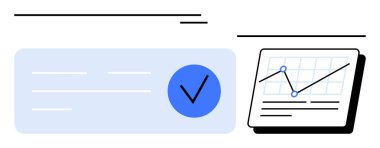 Bir kontrol işaretinin yer aldığı iş raporu, yükselen eğilimle eşleşen grafik, mavi aksanlar. Finans, üretkenlik, analitik, verimlilik, iş büyümesi, stratejik izleme için ideal
