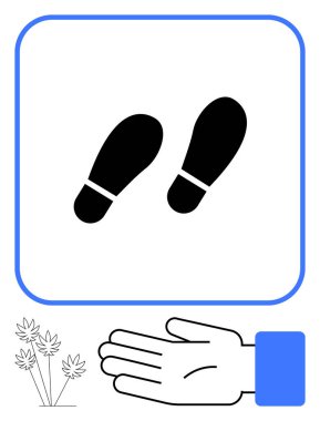 Siyah ayak izleri, uzatılmış el, küçük bitkiler adımları, yardımı ve büyümeyi sembolize eder. İlerleme, destek, rehberlik doğa takım çalışması kişisel gelişim danışmanlığı için ideal. Satır metaforu