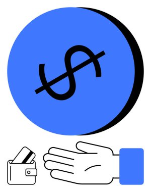 Çapraz dolar sembolü, kredi kartlı cüzdan ve el hareketi. Finans, iflas, yoksulluk, borç, ekonomik sorunlar, hayır işleri ve parasal yardım için ideal. Satır metaforu