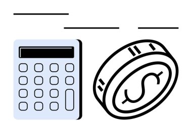 Finansal hesaplamalar ve bütçe hesaplamalarını gösteren para ve hesap makinesi. Finans, muhasebe, yatırım, tasarruf, iş ekonomisi eğitimi için idealdir. Çizgi benzetmesi. Çizgi benzetmesi. Basit satır simgeleri