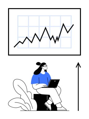 Dizüstü bilgisayarlı, sakince büyük ok bitkileriyle yükselen trend kadın grafiği. Büyüme, kariyer, finans, öğrenme, başarı, strateji, analiz için idealdir. Satır metaforu