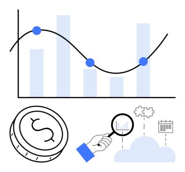 Çizgi grafik ve veri noktaları olan bar çizelgesi, dolar işareti olan bozuk para, bar grafiğinde büyüteç, bulmaca parçası, takvim ve bulut. Finansal analiz, yatırımlar ve ekonomik strateji için ideal