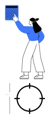 Kadın, hedef sembolün yanında duran dev bir hesap makinesinin düğmelerine basıyor. Finansal planlama, hedef belirleme, bütçe belirleme, muhasebe, iş stratejileri, üretkenlik motivasyonu için ideal. Çizgi