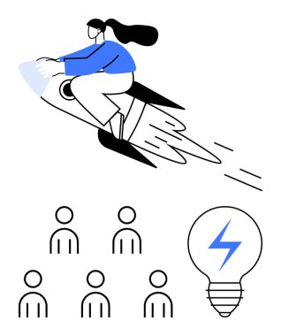 Altı kişilik roket sürücüsü ve mavi yıldırımlı ampul. Yenilik için ideal, takım çalışması, yaratıcılık, liderlik, motivasyon, iş büyümesi, beyin fırtınası. Satır metaforu