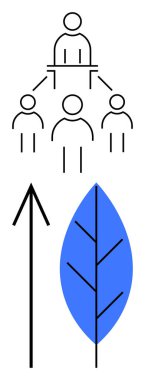 Leader addressing team while connected through communication lines, alongside an upward arrow and blue leaf symbolizing growth and sustainability. Ideal for business, leadership, teamwork, growth clipart