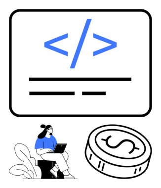 Bilgisayarda çalışan geliştirici kodlamayı ve finansal büyümeyi sembolize eden dev para ve kod sembolünün yanında çalışıyor. Teknoloji endüstrisi, yazılım geliştirme, serbest ticaret, finansal planlama için ideal