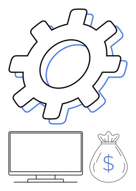 İşlemleri ve verimliliği temsil eden vites, teknolojiyi sembolize eden bilgisayar ve finansal yatırımı gösteren para çantası. İş stratejileri, mali planlama, yatırım ve teknoloji için ideal