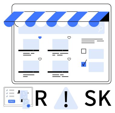 Mavi çizgili tenteli, ürün listeli, aşk simgeli ve satın alma seçenekleri olan bir e-ticaret mağazası. Tablet kontrol listesini gösteriyor, RISK ve uyarı üçgeni. Çevrimiçi alışveriş ve perakende risk için ideal