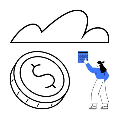 Kadın, bir bulut anahatının altında büyük bir madeni paranın yanında hesap makinesiyle etkileşime giriyor. Finans, bütçe, bulut hesaplama, tasarruf, mali teknoloji ve ekonomik planlama için ideal