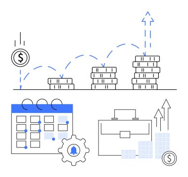 Para yığınlarının yüksekliği artıyor, takvimde dişli simgesi, evrak çantası ve yükselen grafik okları var. Ticari planlama, mali büyüme, yatırım stratejileri, ekonomik ilerleme, stratejik
